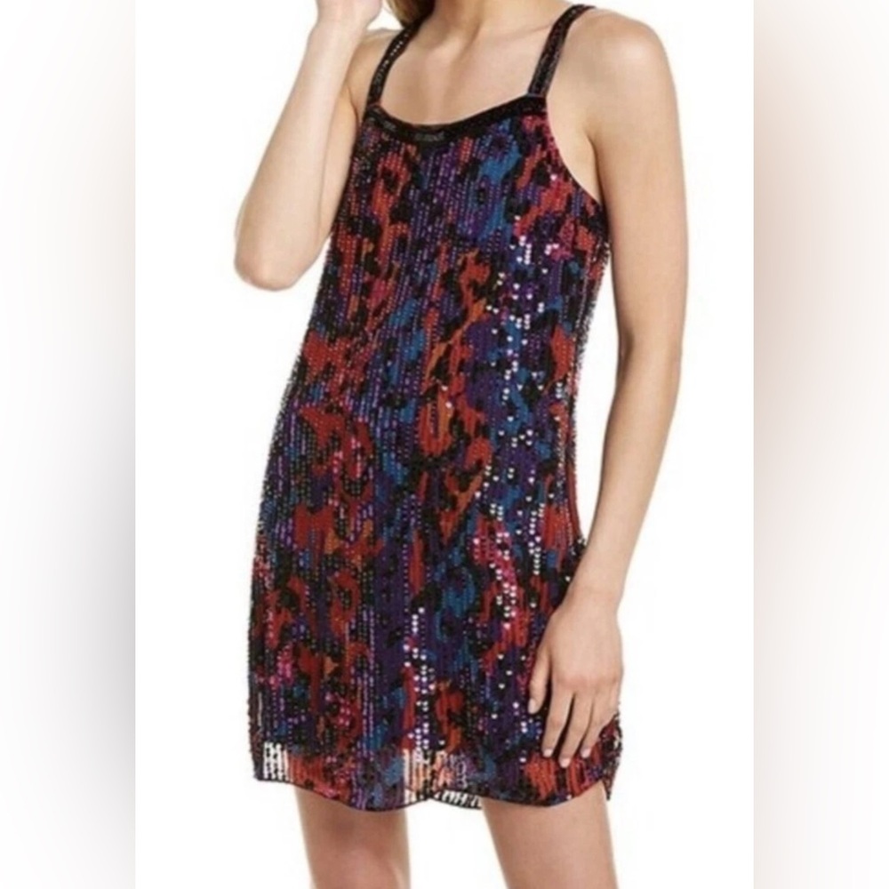 Parker Saturn Sequin Mini Dress Jewel‎ Cheetah Multicolor Beaded Cocktail NEW